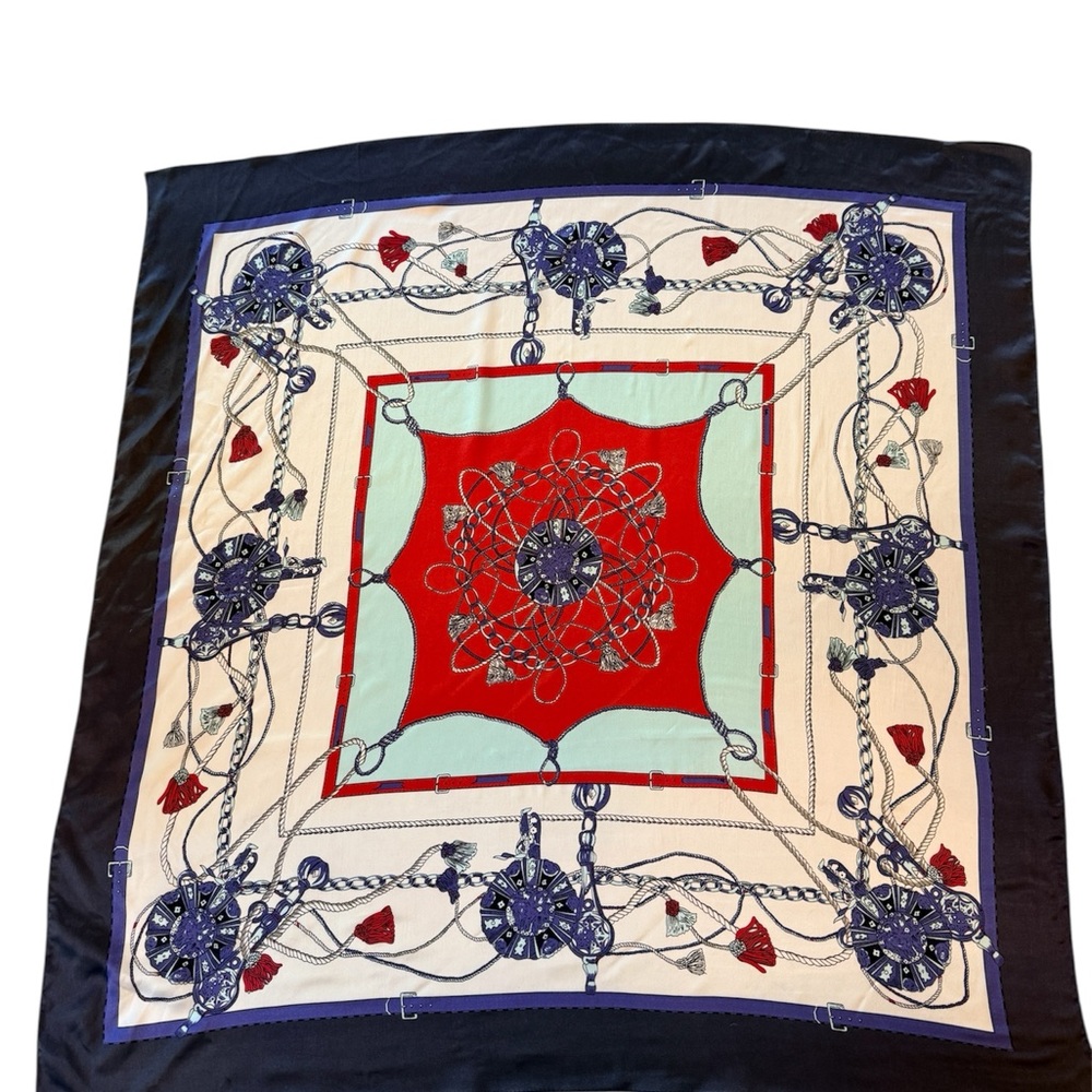 Equestrian Chain Print Satin Scarf 34x35 Brown Red Navy